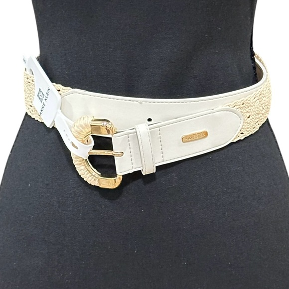 Anne Klein Accessories - Anne Klein Cream Woven Waist Belt with Gold Buckle